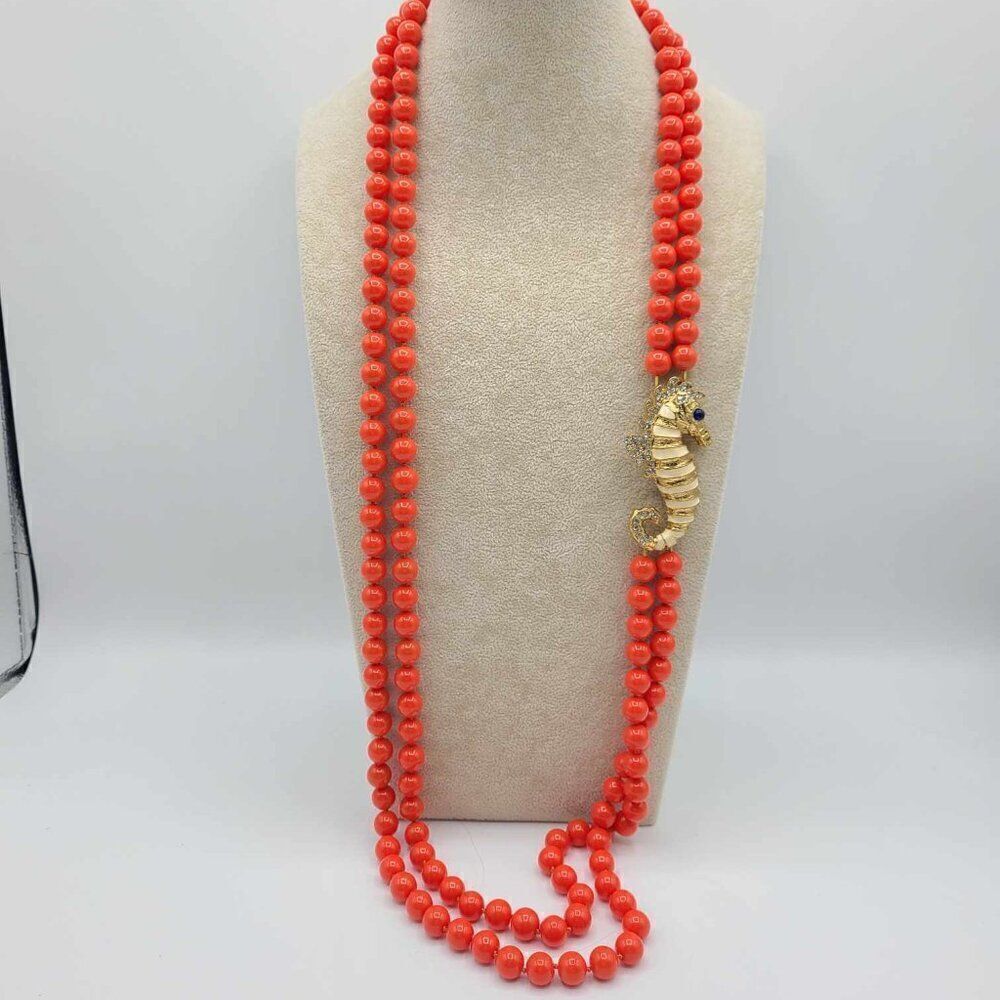 J Crew Reddish Orange Double Strand Beads with Gold Tone Crystal Seahorse - Picture 8 of 8
